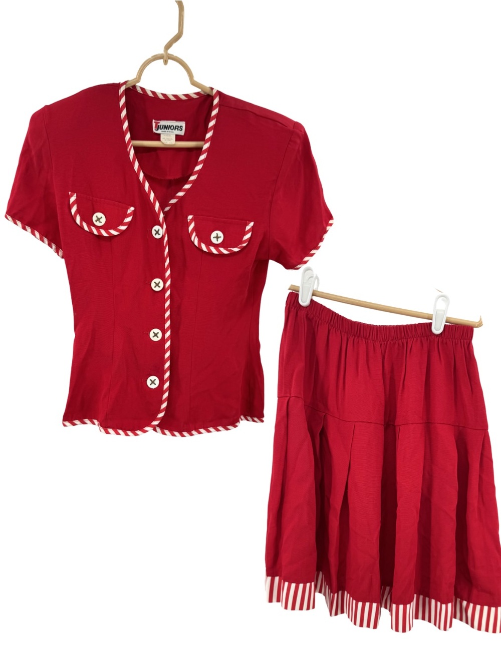 Vintage Women's Red Skirt Set Striped Trim pleated 7/8 retro 80s costume office